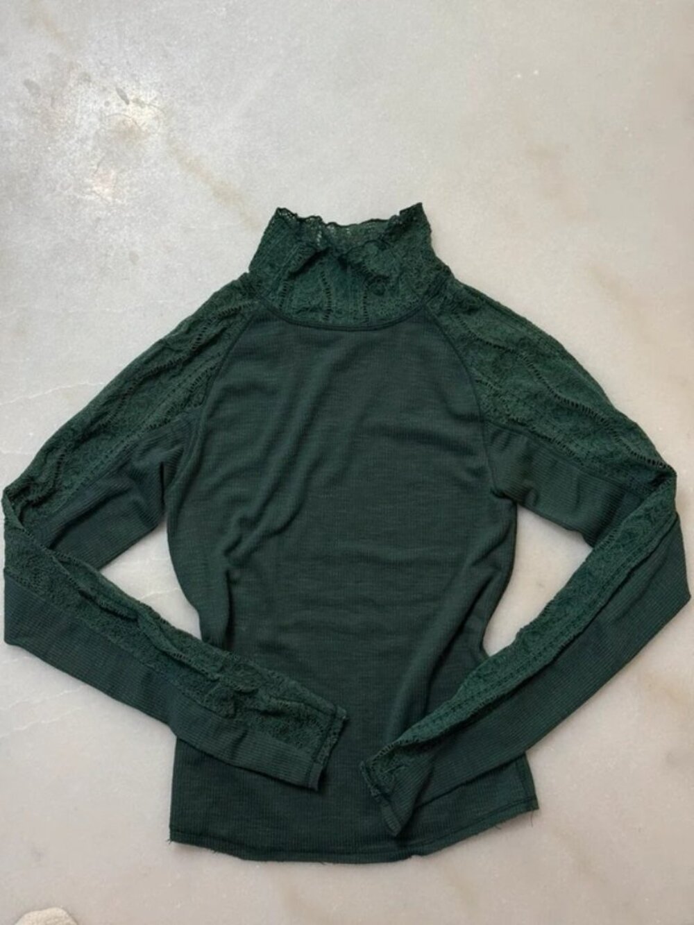 Women’s Dark Forest Green Mock Neck Lace Sleeve Top, M / US 8–10